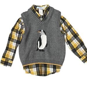 Janie and Jack Plaid Shirt w/Sweater Vest Boys 18-24M Penguin Yellow Grey